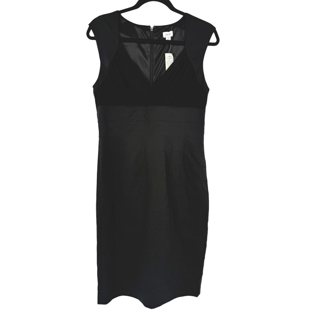 NWT Cache Womens Sleeveless‎ Black V-Neck Satin Cocktail Midi Sheath Dress Sz 10